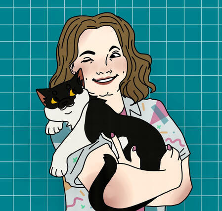 a cartoonish drawing of me, a girl with shoulder-length dirty blond hair, holding a black and white cat